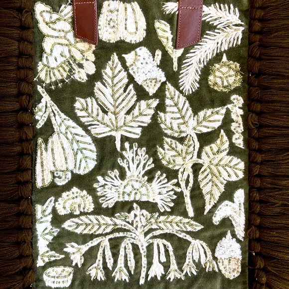 Anthropologie Handcrafted Embroidery Beaded Fringed Tote Bag Velour Wool Boho - Picture 3 of 16